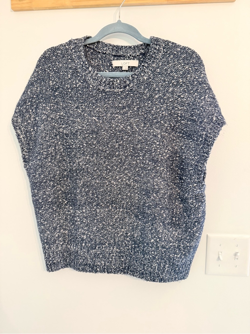 LOFT Navy & White Speckled Short-Sleeve Crewneck Sweater